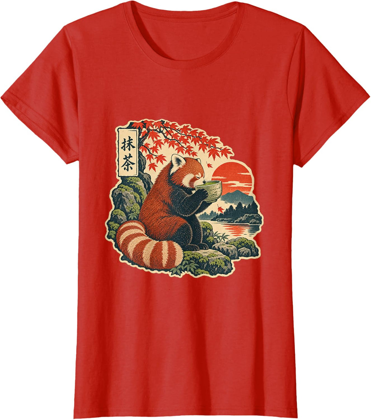 Red Lesser Panda Matcha Maple Leaves Japanese Vintage Art T-Shirt - Red