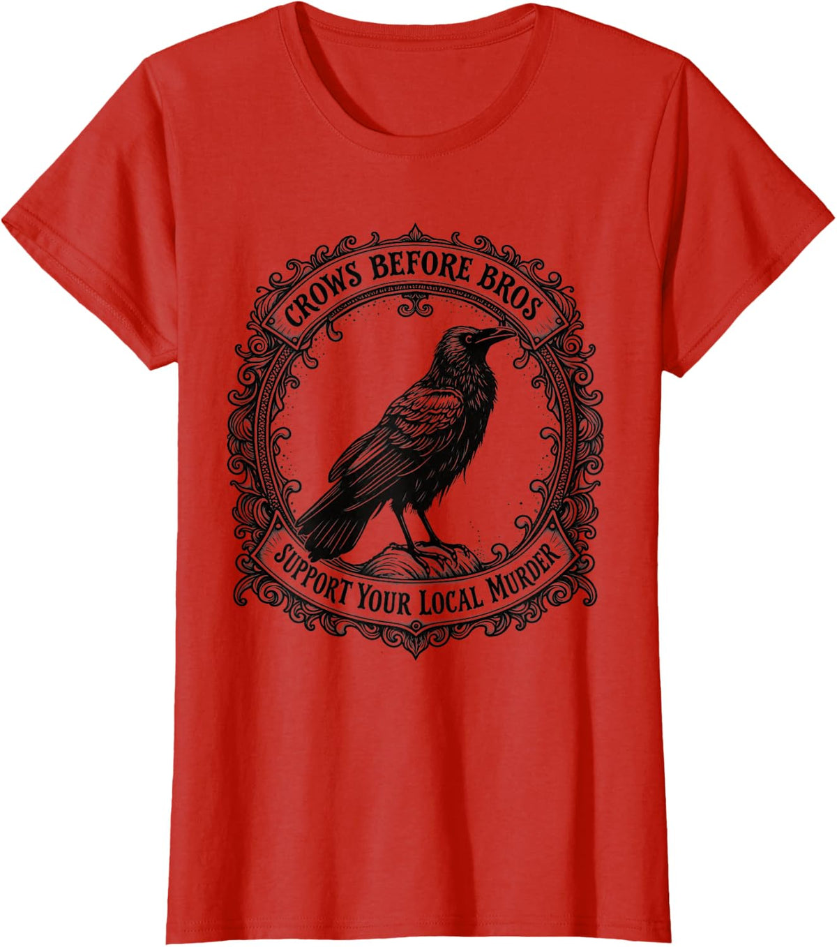 Gothic Crow Victorian Frame Dark Academia Bird Lover T-Shirt - Red