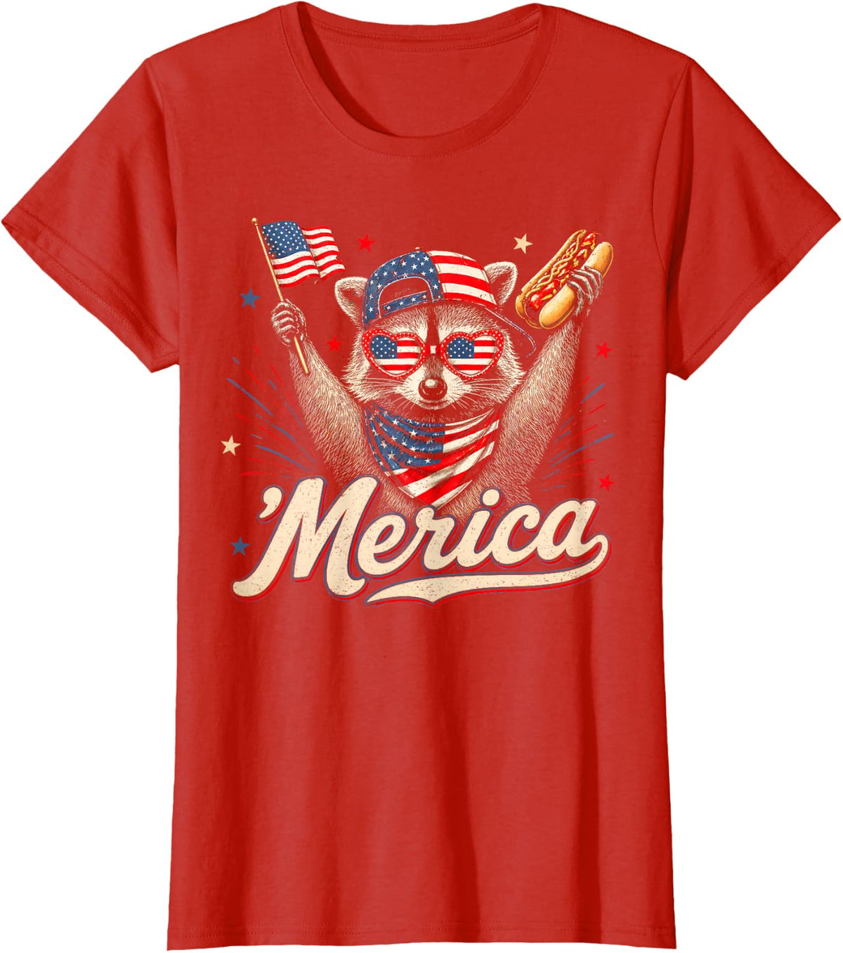 Raccoon Merica America USA Flag for Boys Girls Kids 4th July T-Shirt - Red