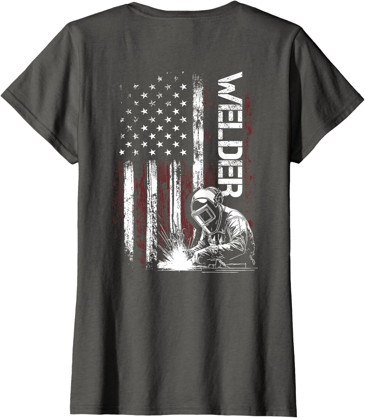 Welder Vintage USA American Flag Welding ON Back T-Shirt - Asphalt Grey