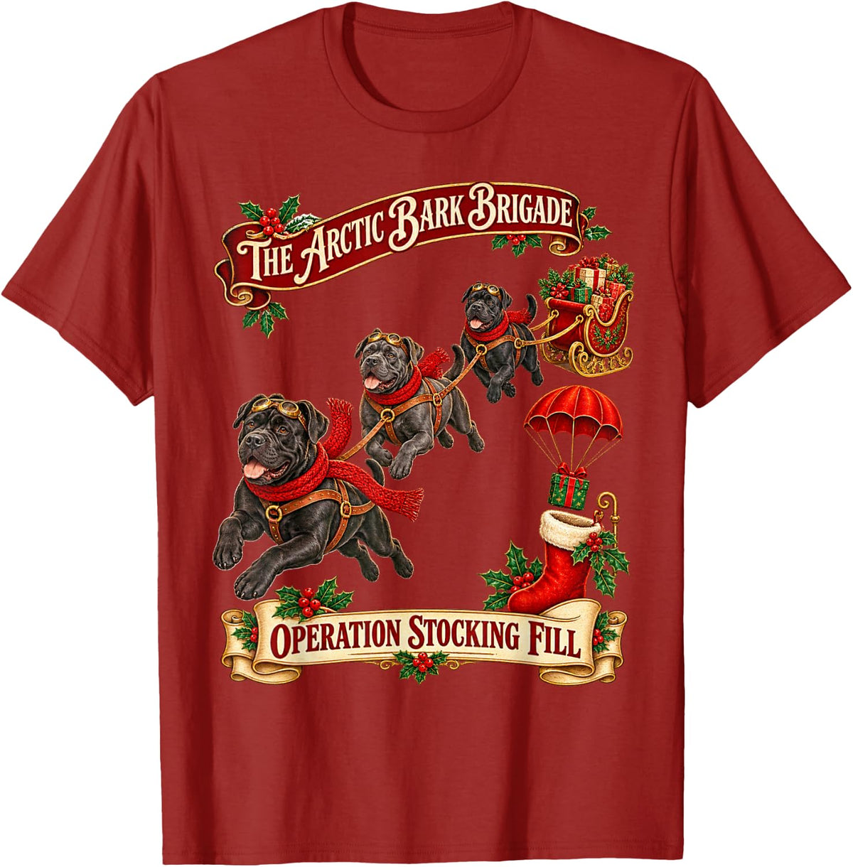 Funny Cute Cane Corso Dog Christmas Flying Stocking Brigade T-Shirt - Cranberry Red