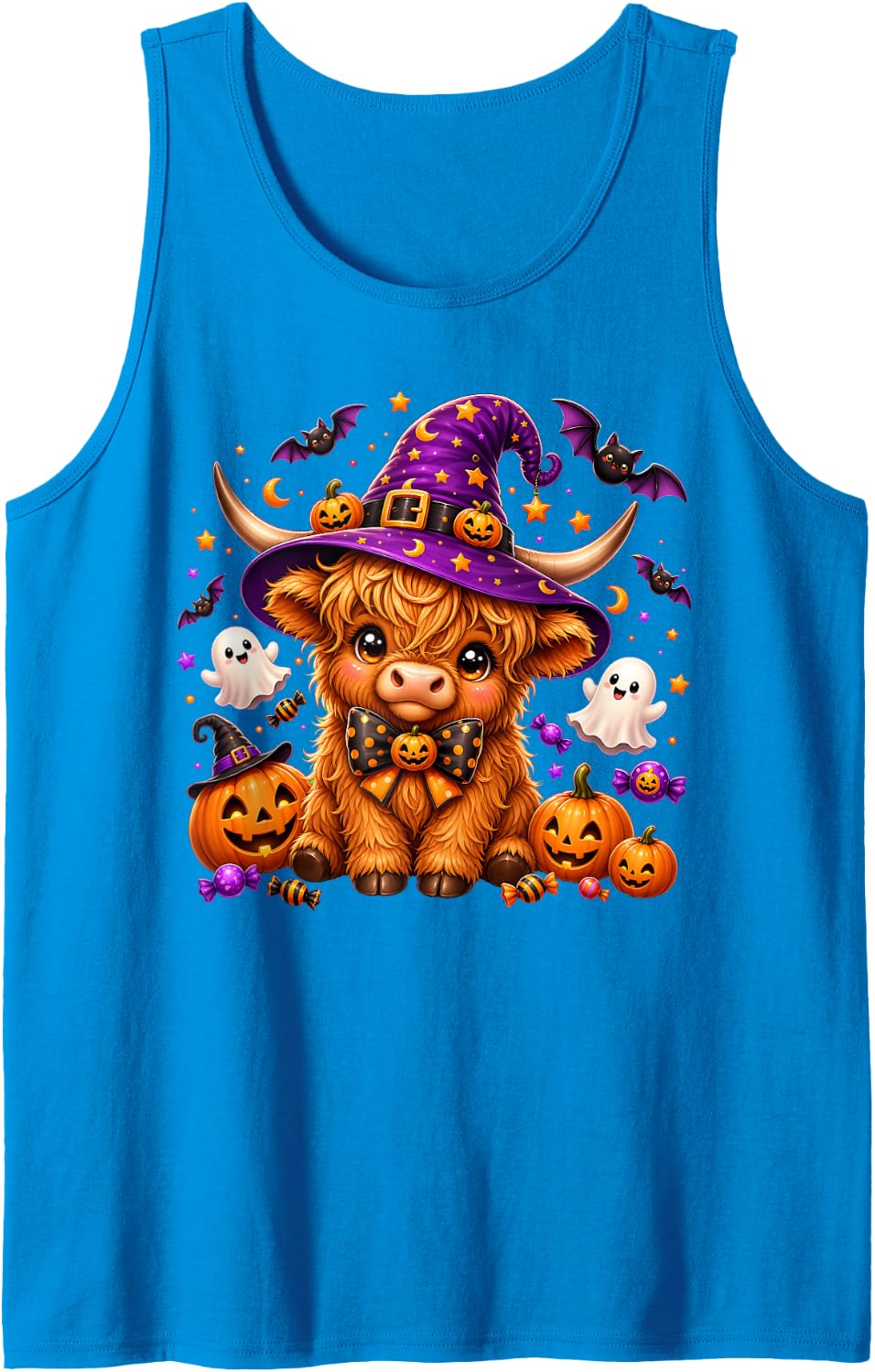 Cute Highland Cow Witch Ghost Fall Halloween Pumpkin Kids Sleeveless Tank Top - Sapphire Blue
