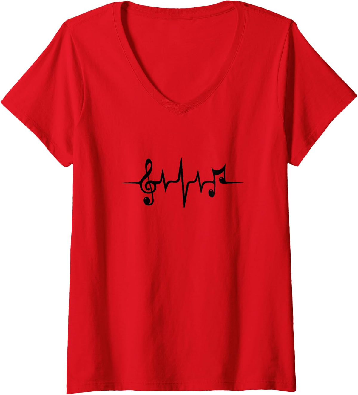 Womens Music Frequency Sound Wave Pulse Treble Clef Musical Notes V-Neck T-Shirt - Red