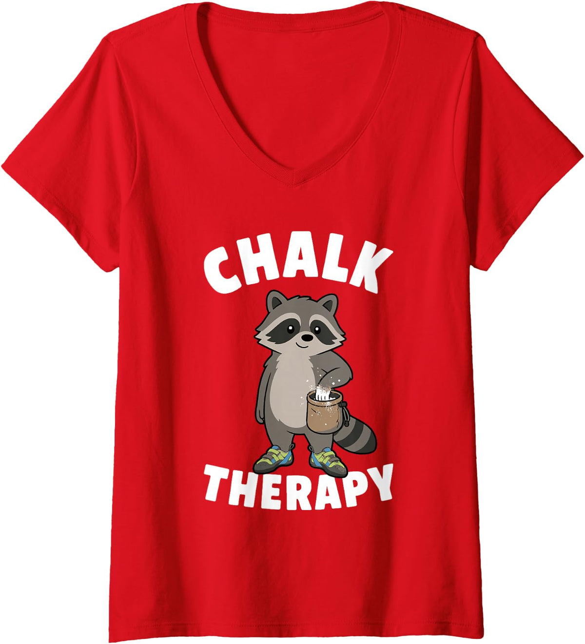 Women's Funny Chalk Therapy Rock Climber Bouldering Raccoon V-Neck T-Shirt - Red