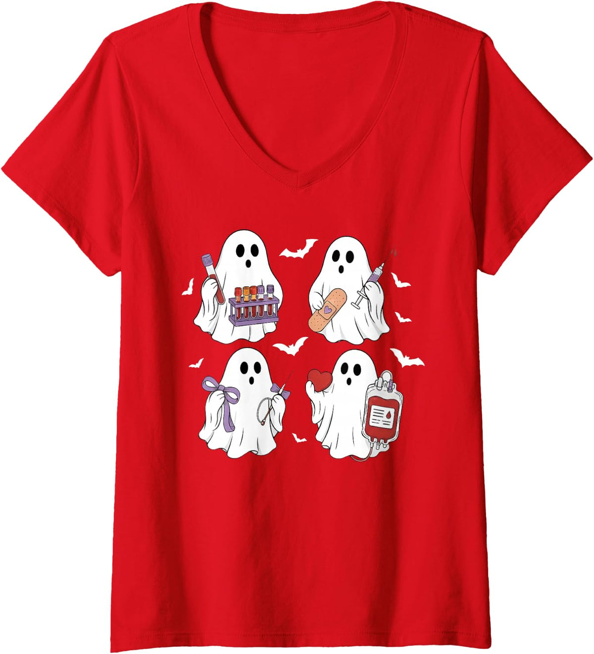 Women's Phlebotomy Laboratory Funny Ghost Phlebotomist Halloween V-Neck T-Shirt - Red