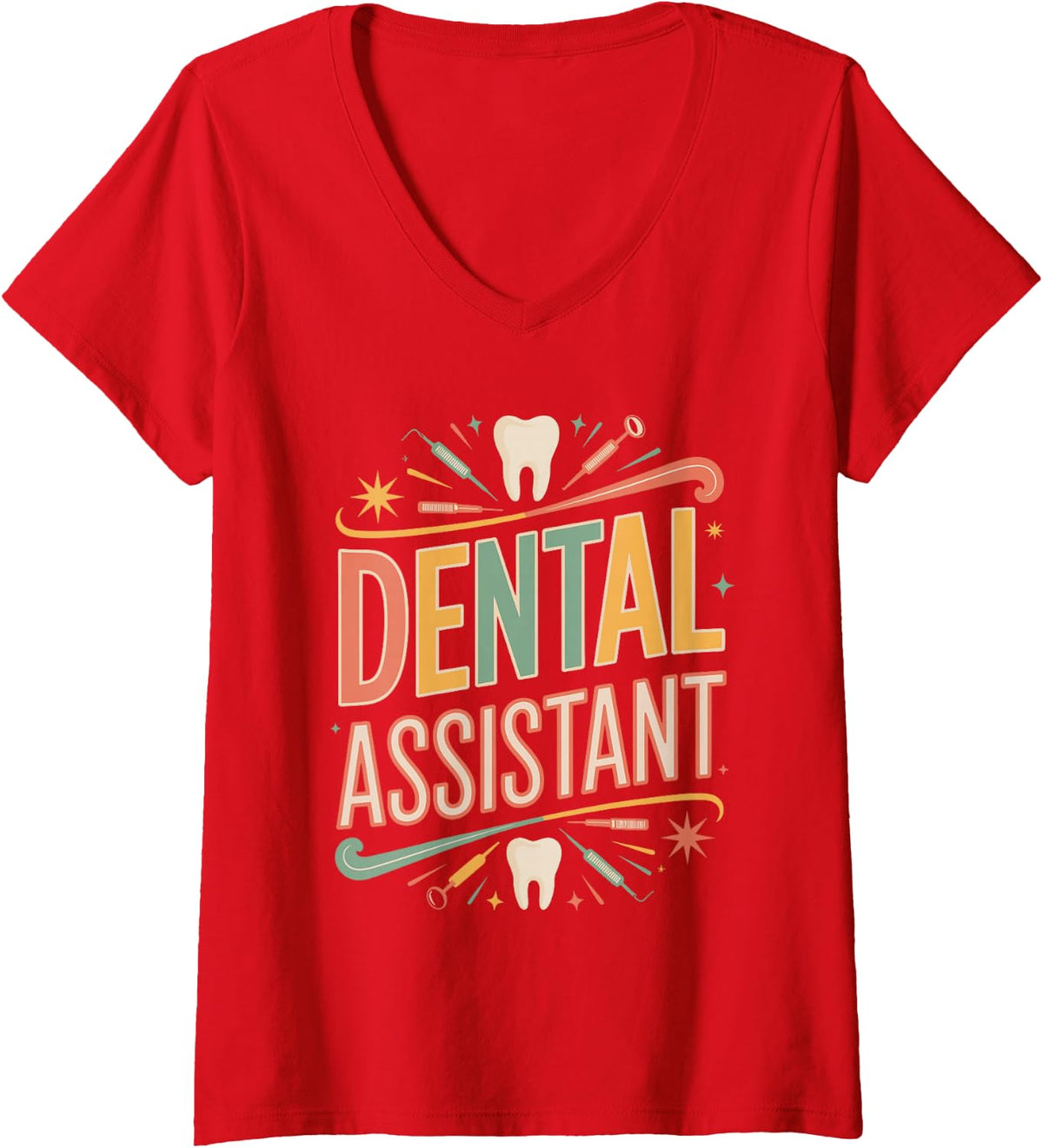 Women's Dental Assistant Modern Typography Design V-Neck T-Shirt - Red