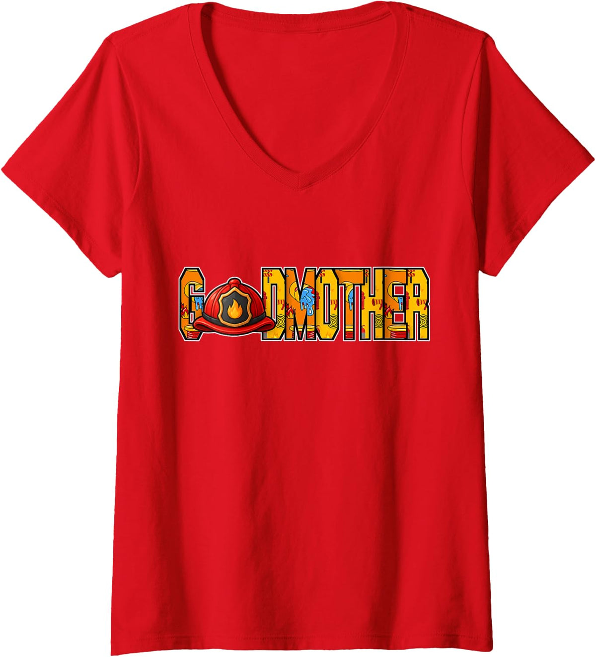 Women's Firefighter Godmother of The Birthday Party V-Neck T-Shirt - Red