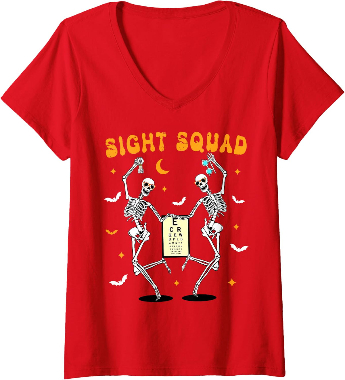 Women's Skeleton Dancing Sight Squad Halloween Optometrist Optometry V-Neck T-Shirt - Red
