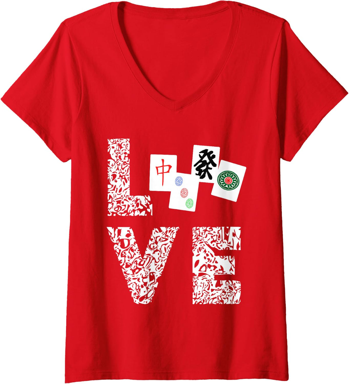 Womens Mahjong Love Playing Chinese Game Mah Jongg Player V-Neck T-Shirt - Red