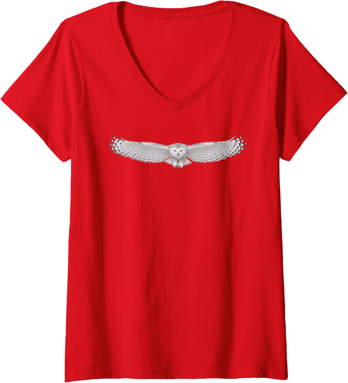 Women's Bird Series. Snowy Owl - Swooping. V-Neck T-Shirt - Red