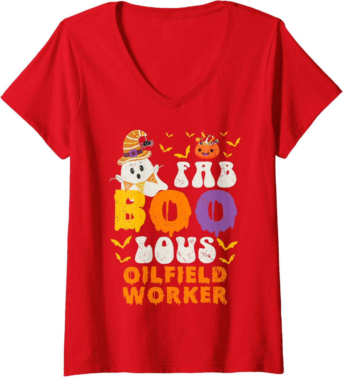 Women's Faboolous Oilfield Worker Ghost Halloween Fun V-Neck T-Shirt - Red