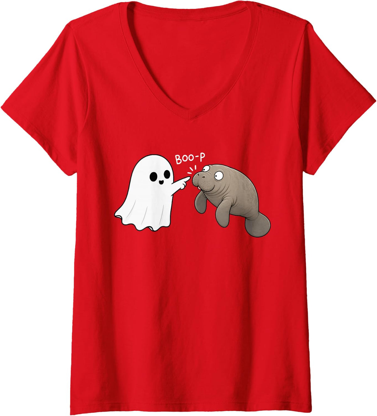 Women's Cute Manatee Boop Ghost Halloween V-Neck T-Shirt - Red