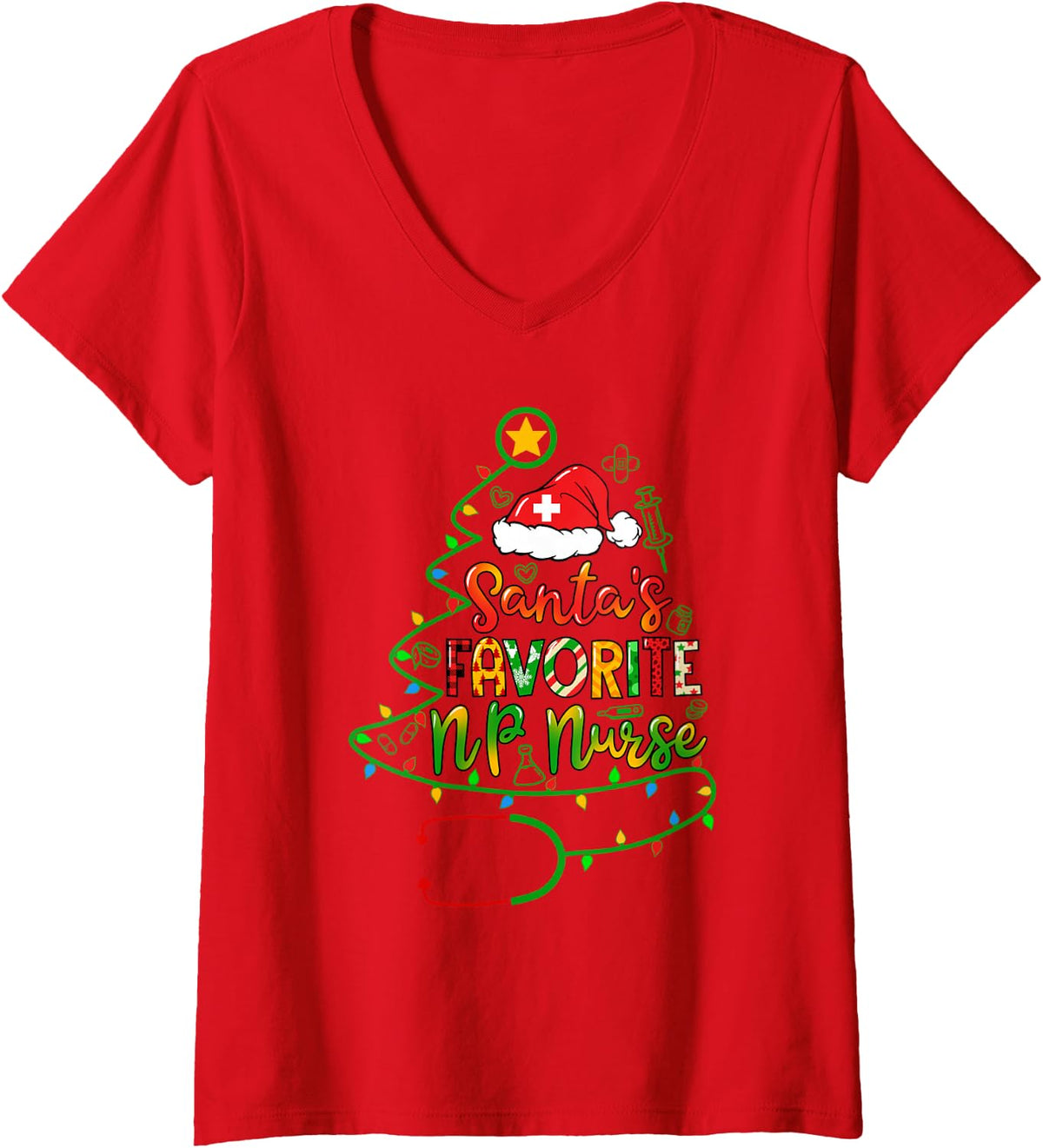 Women's Santa's Favorite NP Nurse Nurse Practitioner Christmas V-Neck T-Shirt - Red