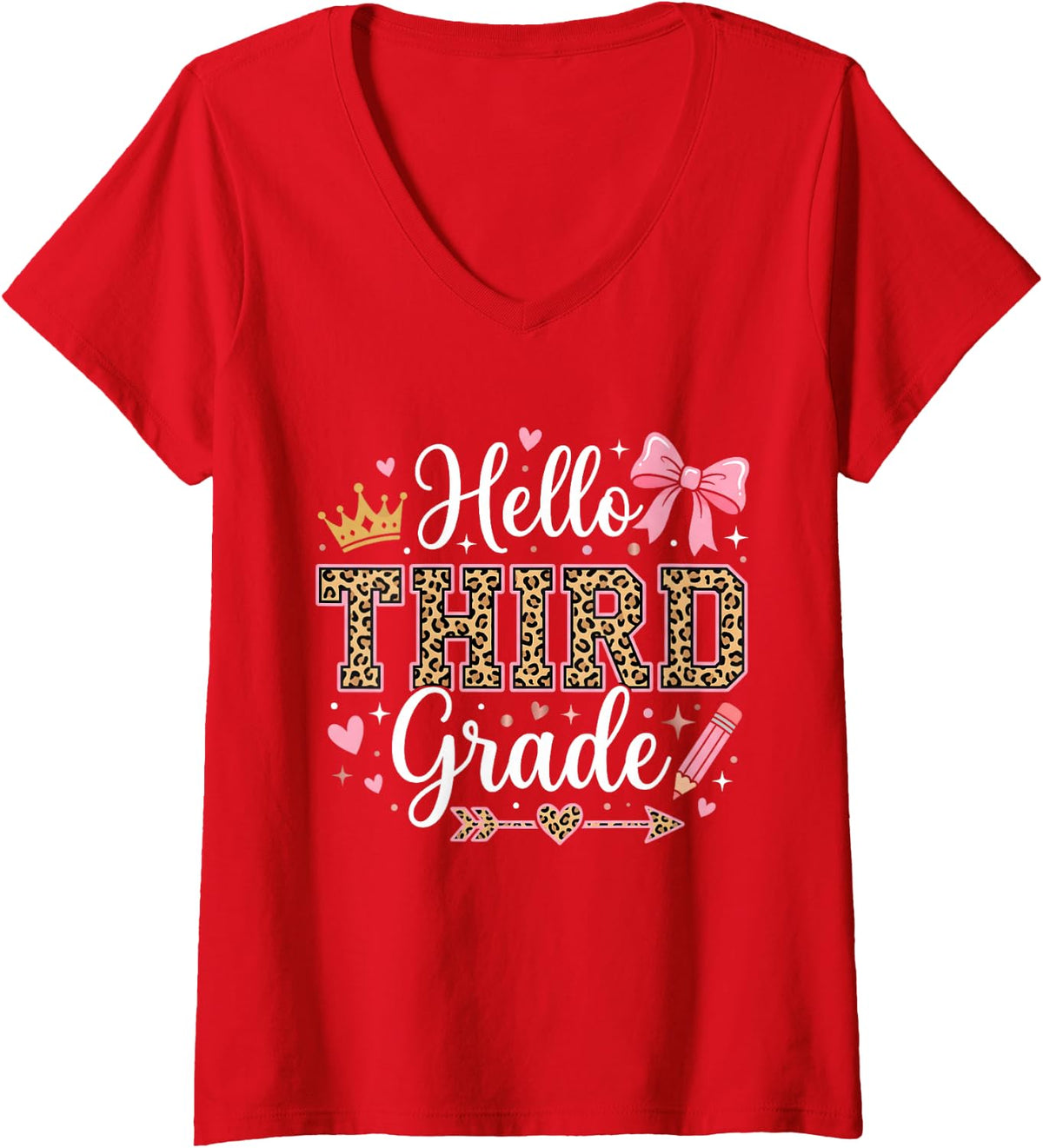 Women's Hello 3rd Grade Leopard Teacher Student Boy Girl Third Grade V-Neck T-Shirt - Red