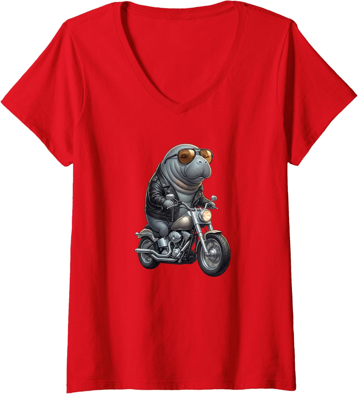 Women's Funny Manatee Motorcycle Biker Cool Graphic V-Neck T-Shirt - Red