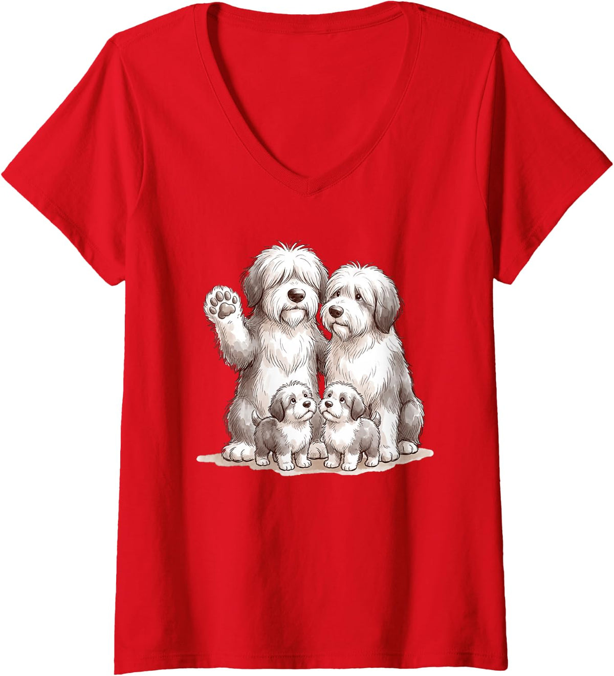 Women's Cute Funny Bobtail Dogs Family Old English Sheepdog V-Neck T-Shirt - Red