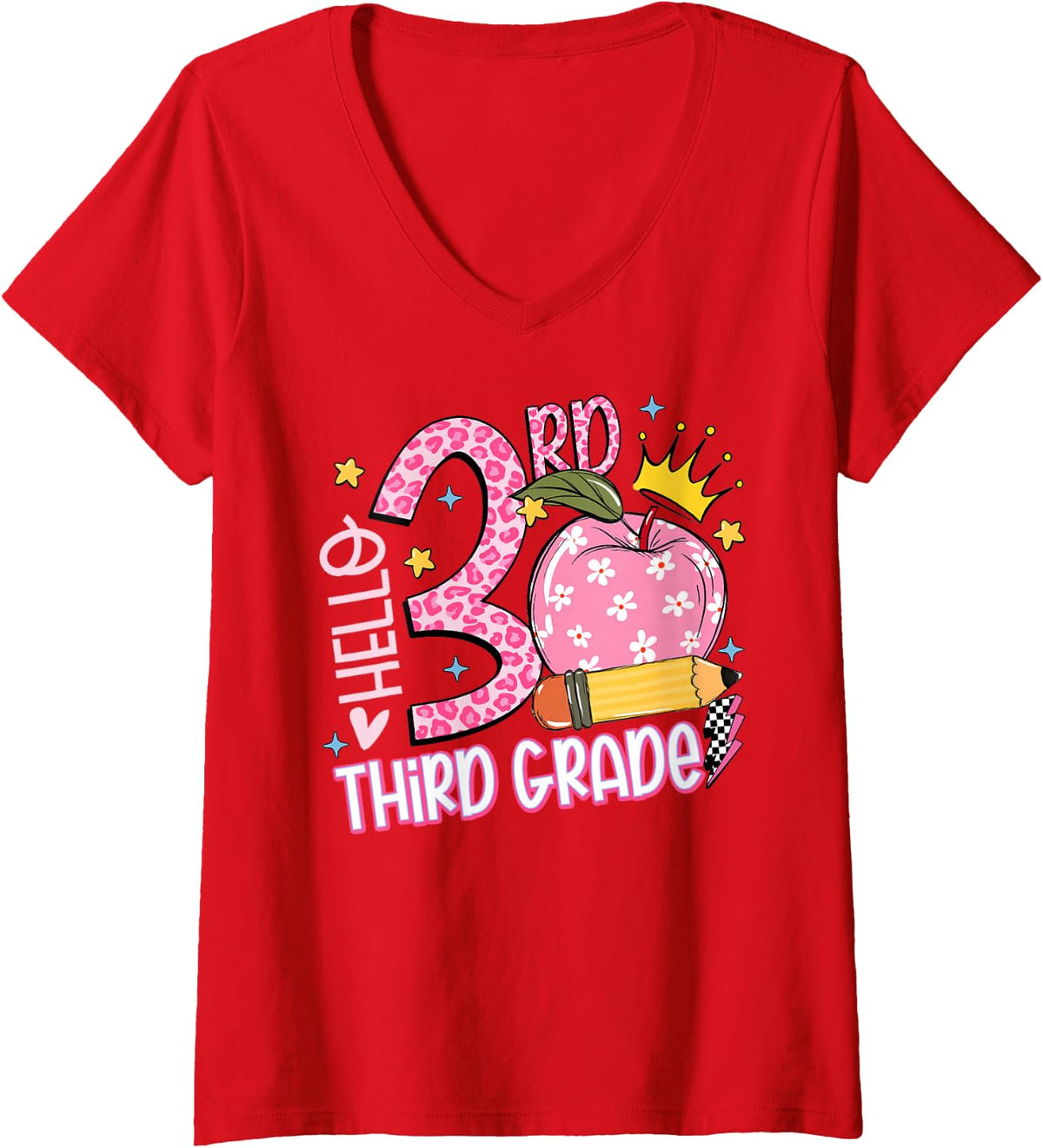 Women's Hello 3rd Third Grade Back to School Pink Leopard Teacher V-Neck T-Shirt - Red