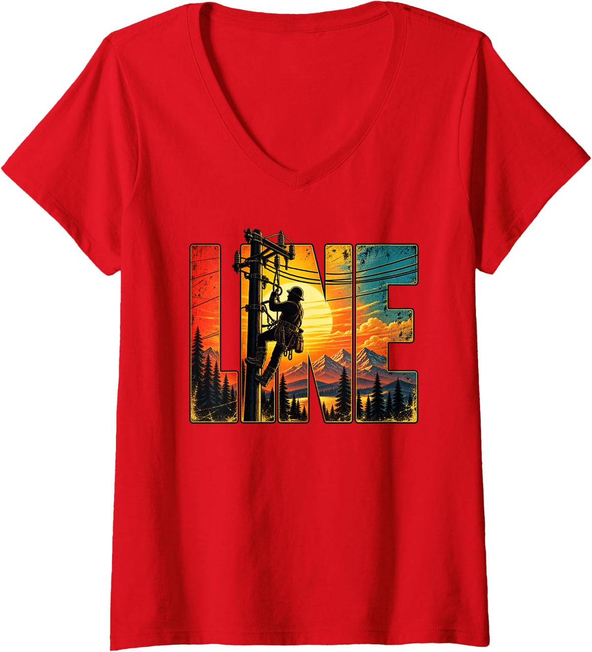 Women's Electric Cable Lineman Retro Electrician V-Neck T-Shirt - Red