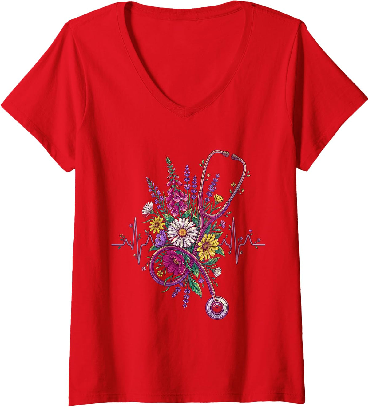 Women's Floral Stethoscope Heartbeat Bouquet Registered Nurse Care V-Neck T-Shirt - Red