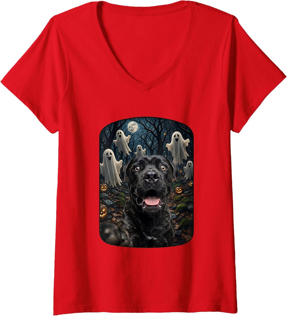 Women's Funny Cane Corso Selfie with Ghosts Haunted Forest Halloween V-Neck T-Shirt - Red
