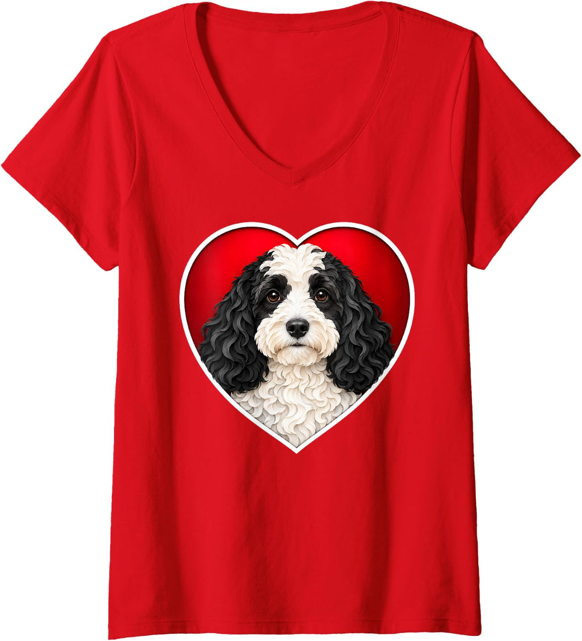 Women's Black and White Cockapoo Heart V-Neck T-Shirt - Red