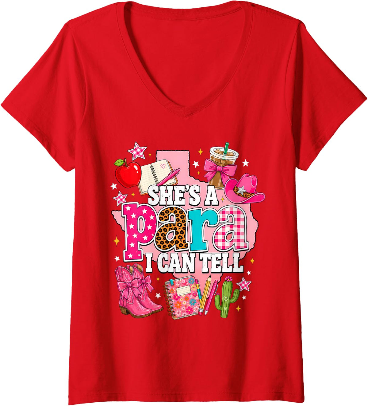 Women's She’s A para I Can Tell Texas Cowgirl Western School Teacher V-Neck T-Shirt - Red
