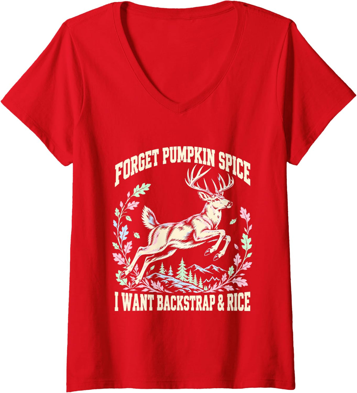 Women's Funny Deer Hunting Backstrap and Rice Fall Season V-Neck T-Shirt - Red