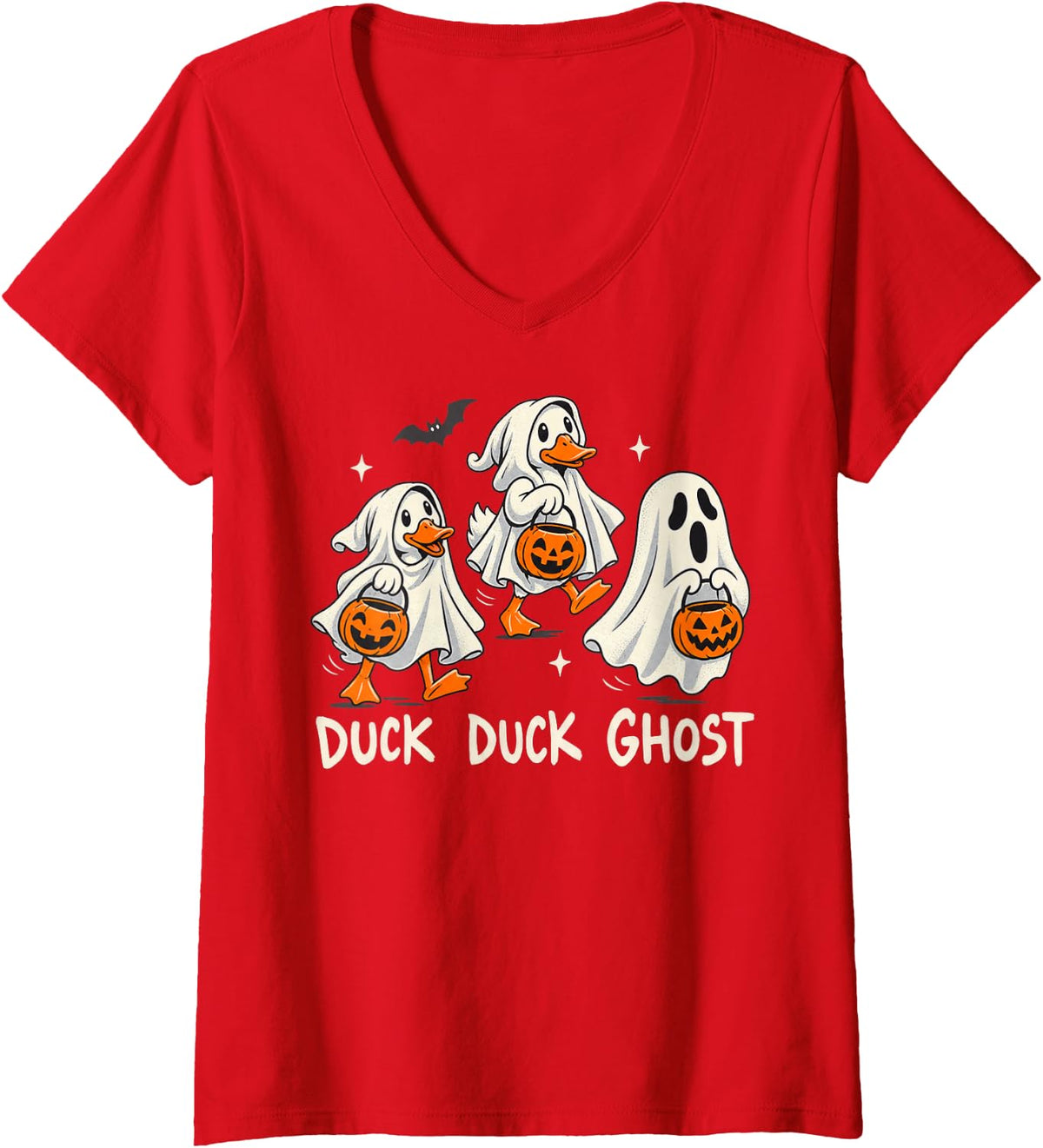 Women's Duck Duck Ghost Halloween Pun Cartoon V-Neck T-Shirt - Red