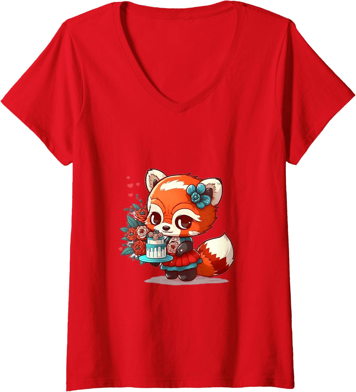 Women's Cute red Panda Chibi in a Dress V-Neck T-Shirt - Red