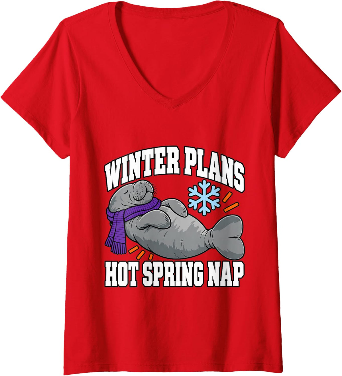Women's Manatee Winter Plans Hot Spring Nap Scarf Ocean Lover Funny V-Neck T-Shirt - Red