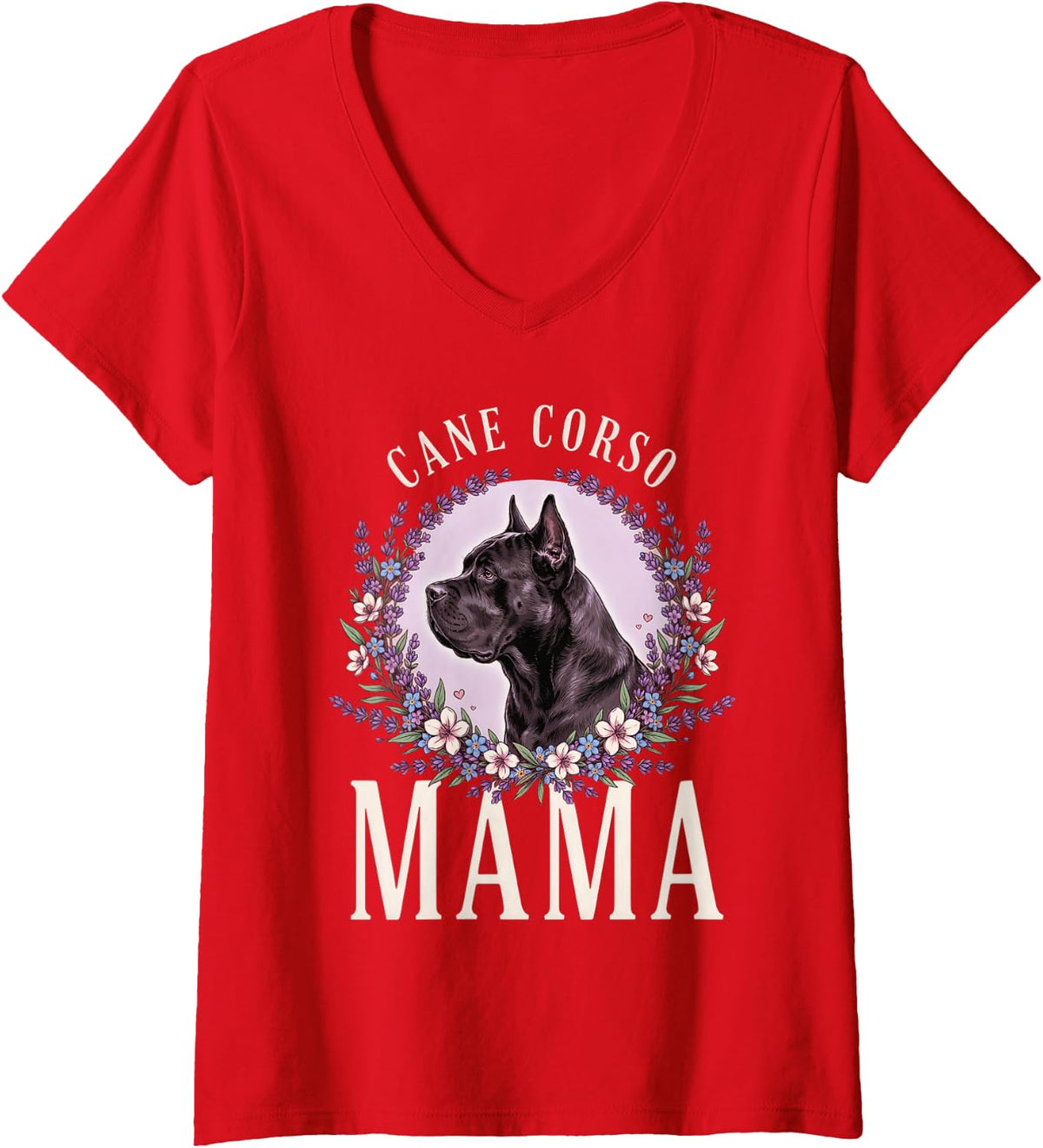 Women's Cane Corso Mama Lavender Flowers Dog Mom Italian Mastiff V-Neck T-Shirt - Red