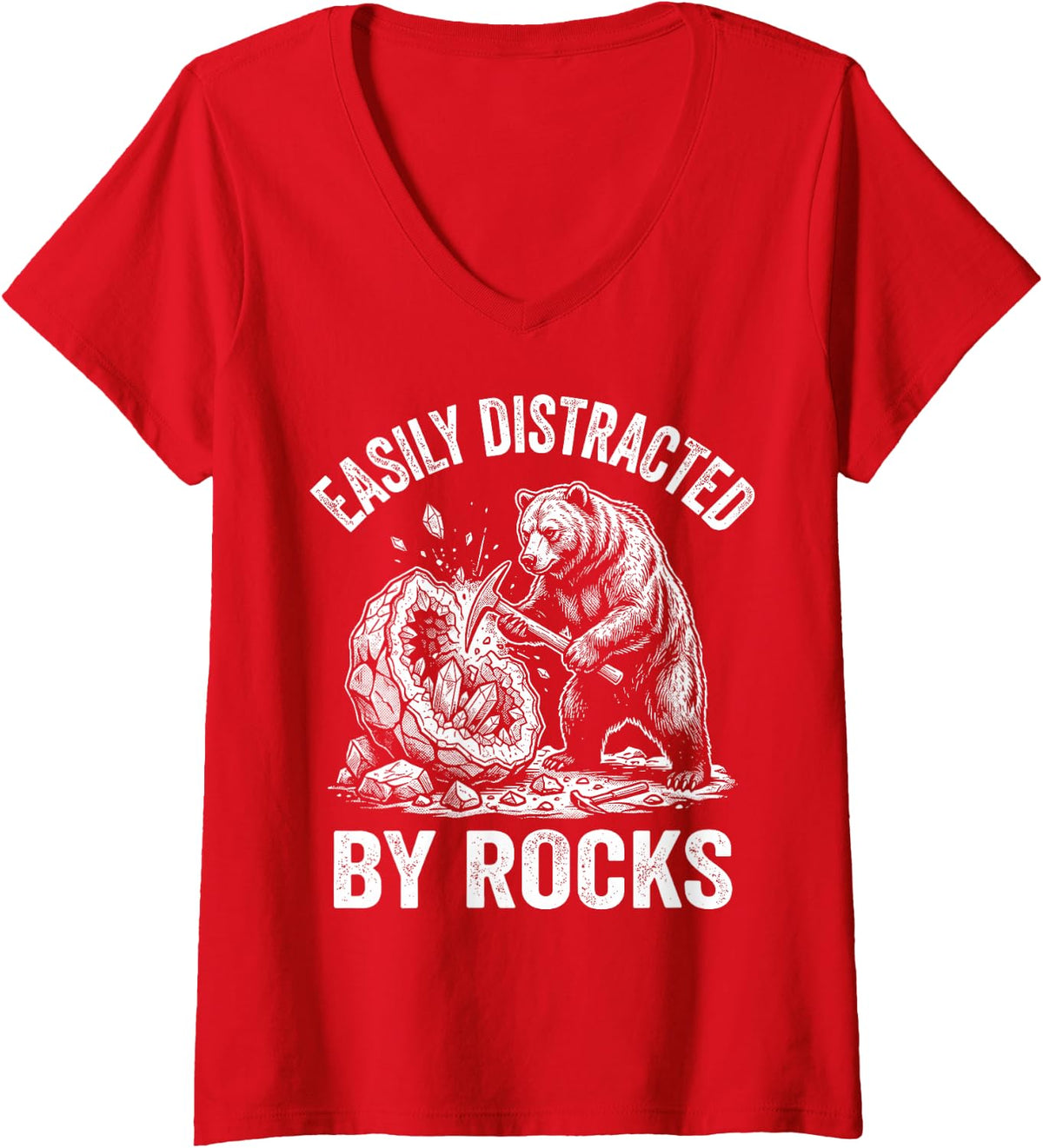 Women's Easily Distracted By Rocks Bear Miner Funny Geology V-Neck T-Shirt - Red