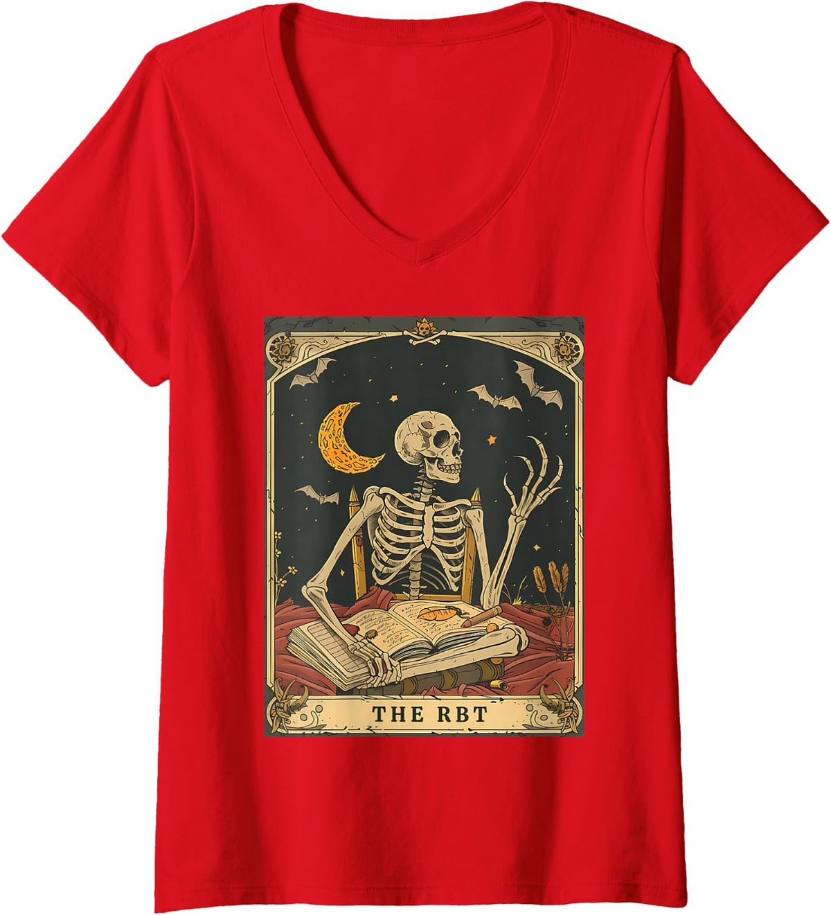 Women's RBT Tarot Card Funny Skeleton Behavior Analyst Halloween V-Neck T-Shirt - Red