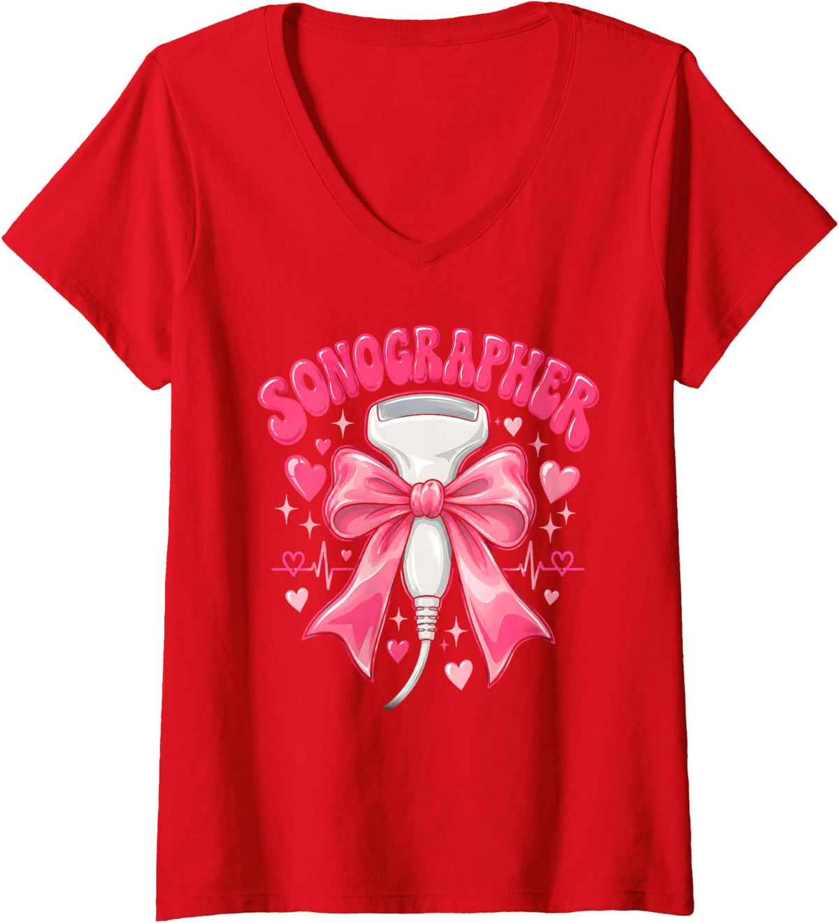 Women's Sonographer Coquette Bow Ultrasound Tech Women V-Neck T-Shirt - Red