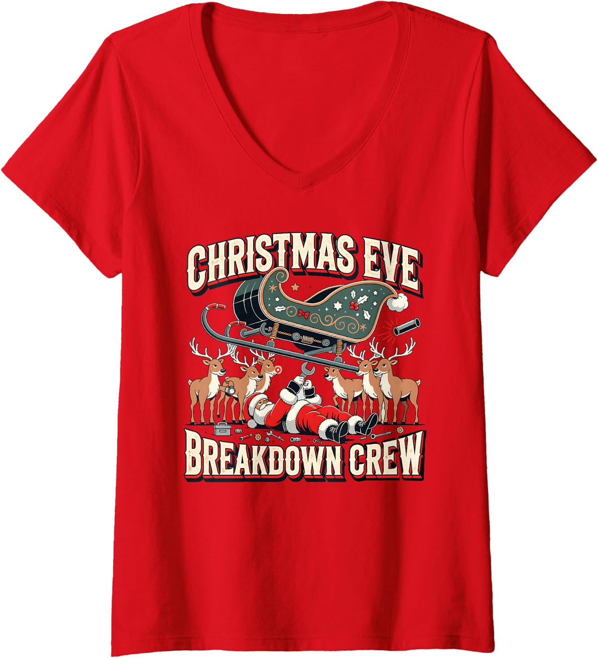 Women's Christmas Eve Breakdown Crew Mechanic Design V-Neck T-Shirt - Red