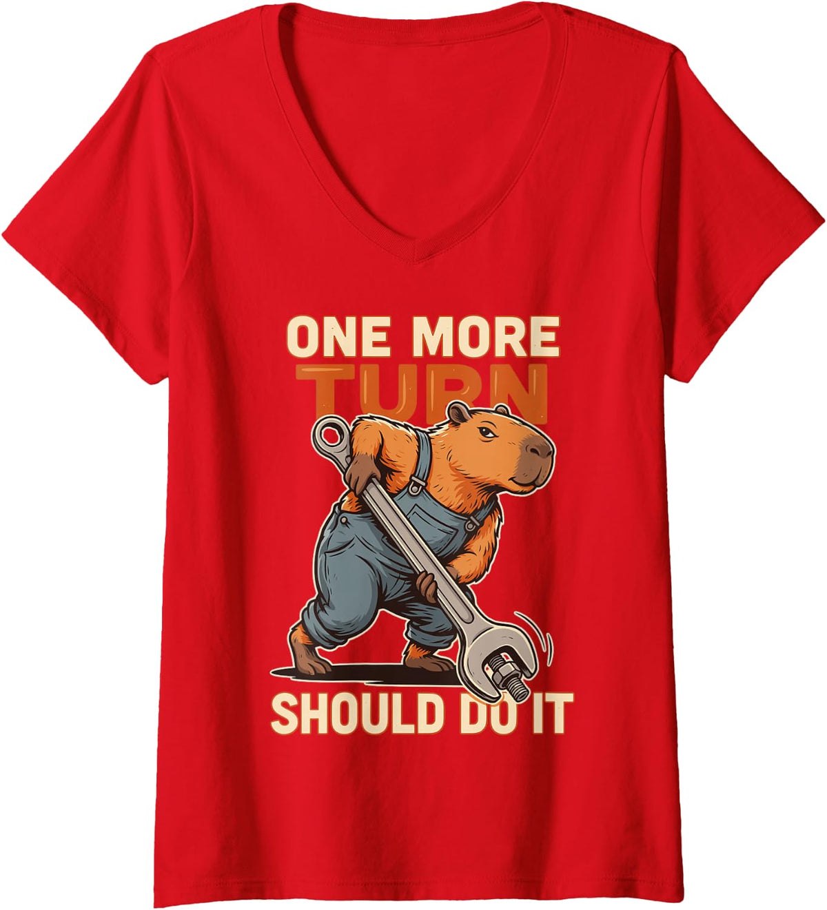 Women's One More Turn Should Do It Funny Capybara Mechanic V-Neck T-Shirt - Red