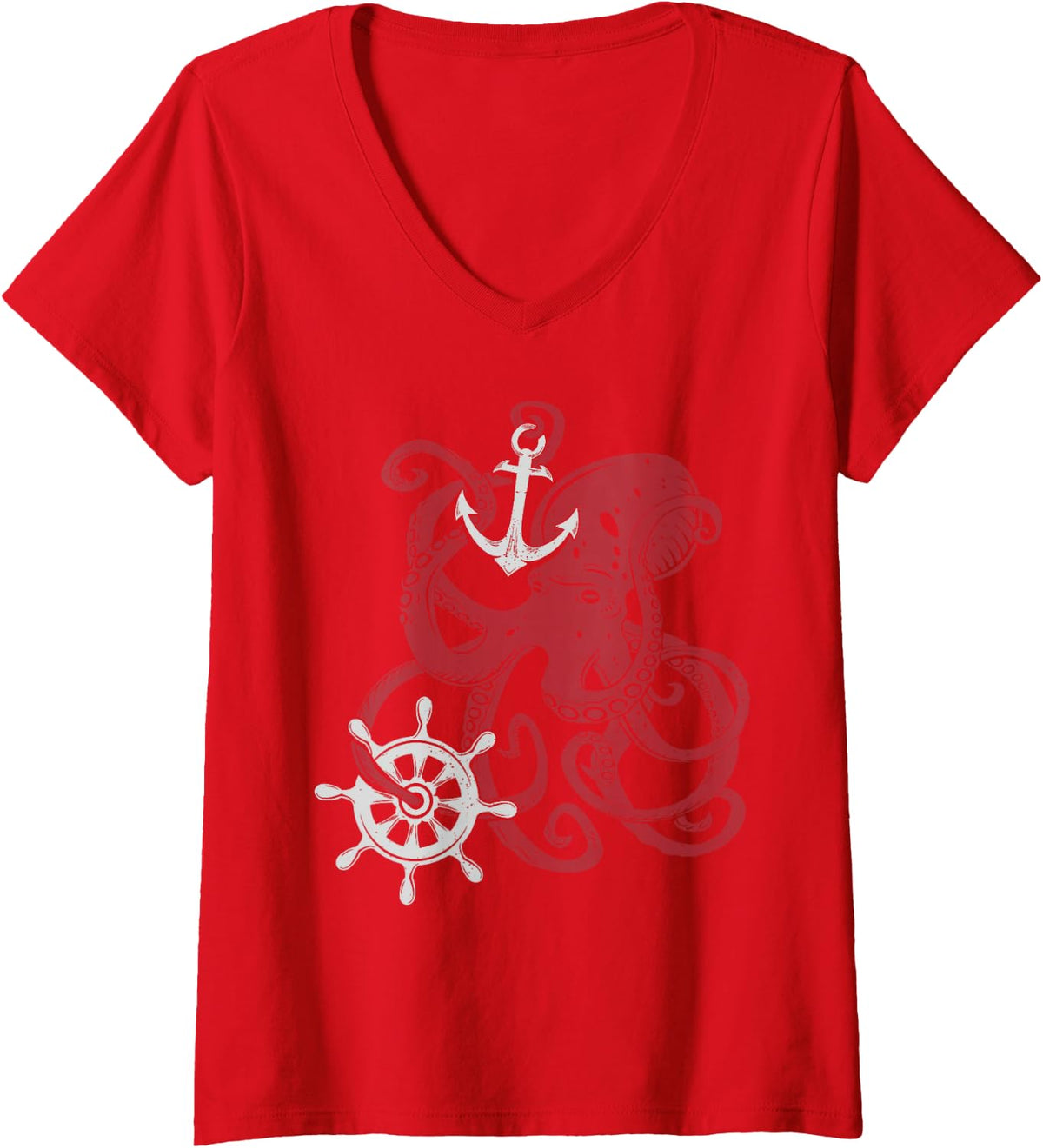 Womens Giant Octopus Vintage Nautical Design Theme V-Neck T-Shirt - Red