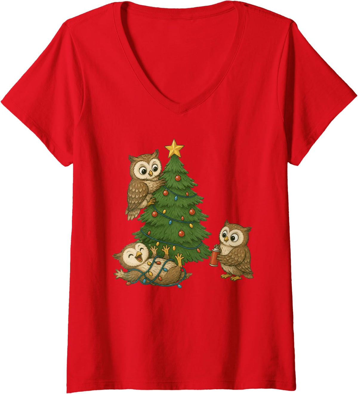 Women's Owl Christmas Tree Funny Owls Xmas V-Neck T-Shirt - Red