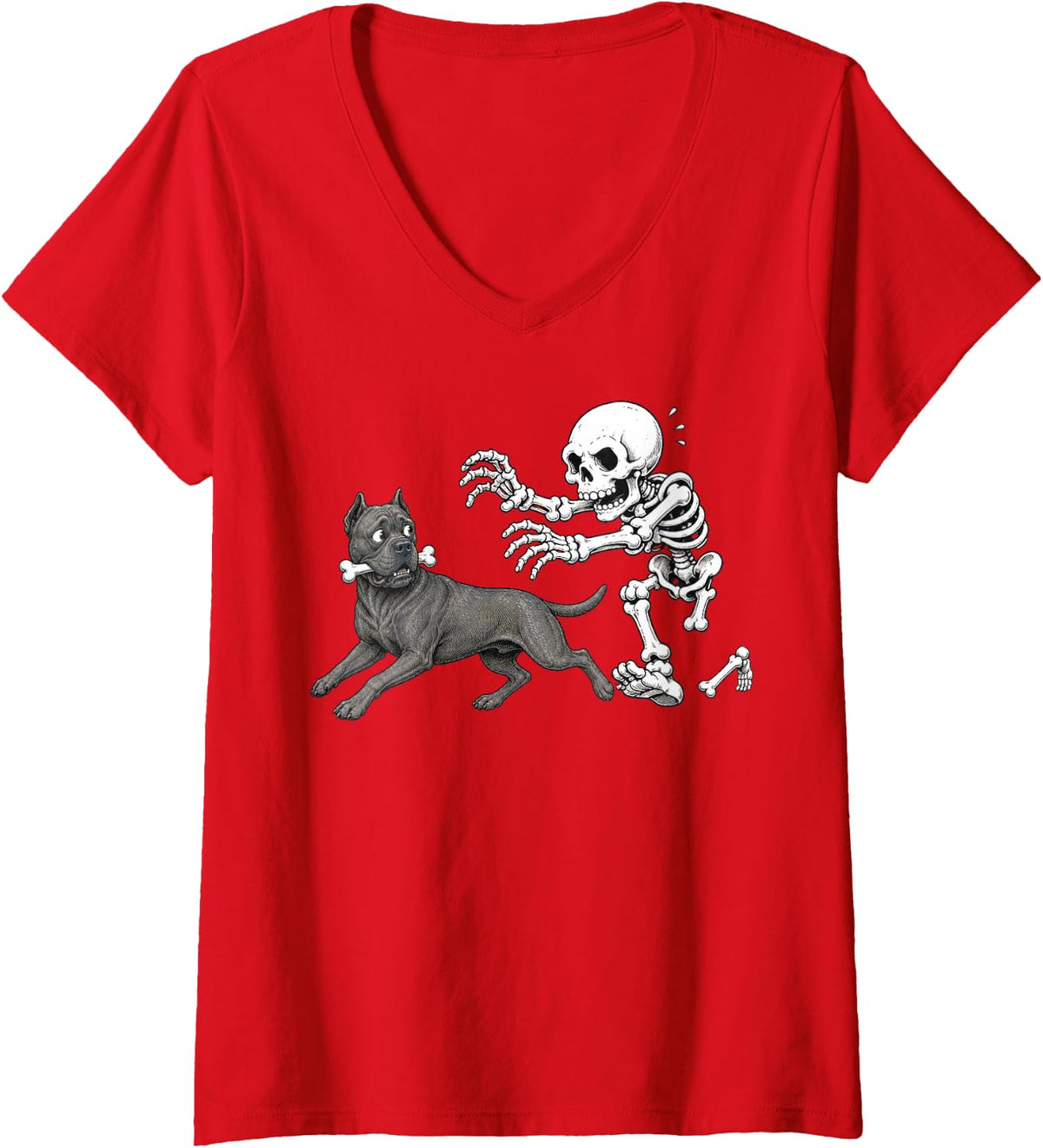 Women's Cane Corso Skeleton Bone Chase Funny Halloween Dog Humor V-Neck T-Shirt - Red