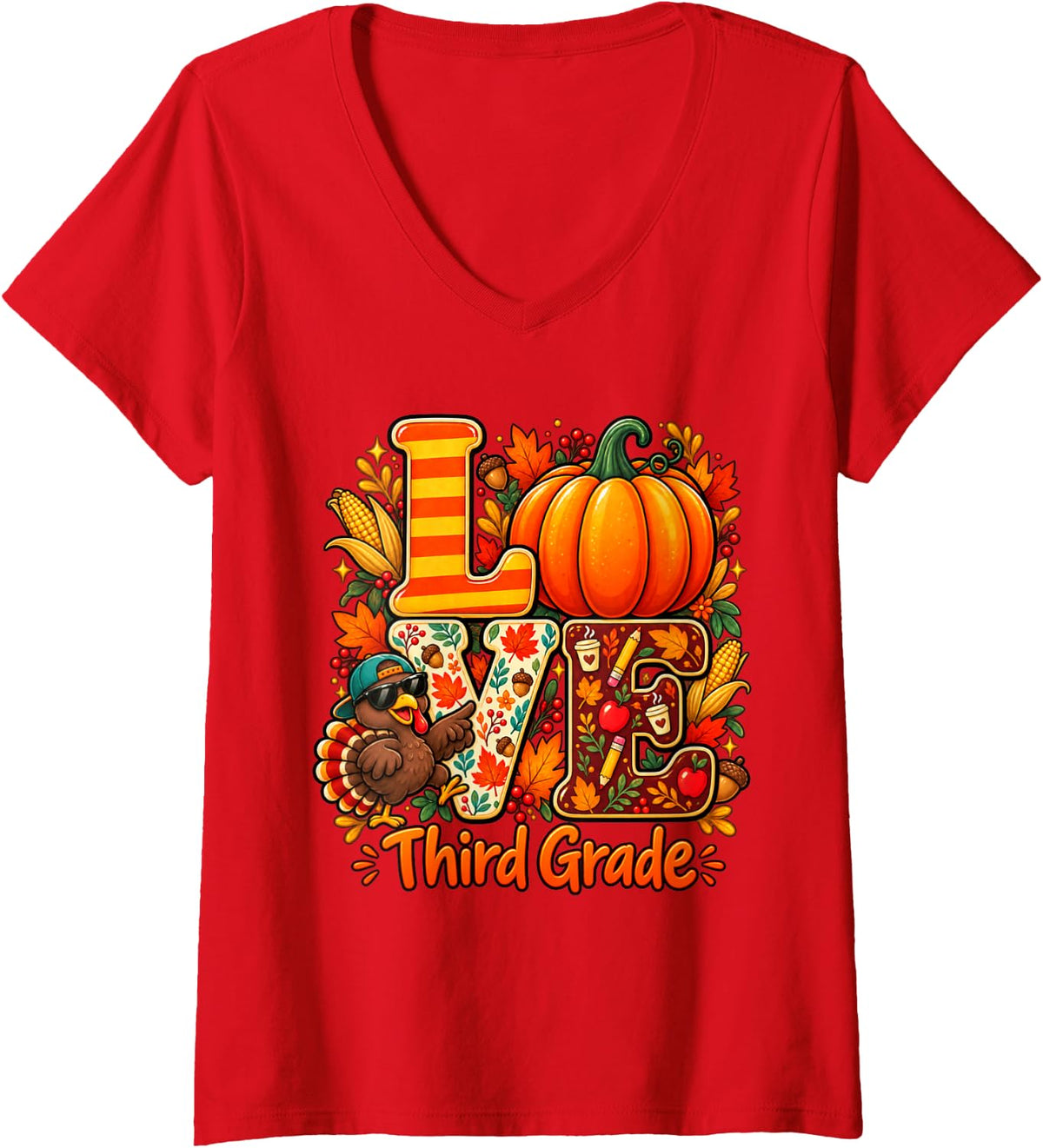Women's Love Third Grade Teacher Turkey Thanksgiving Autumn Fall V-Neck T-Shirt - Red
