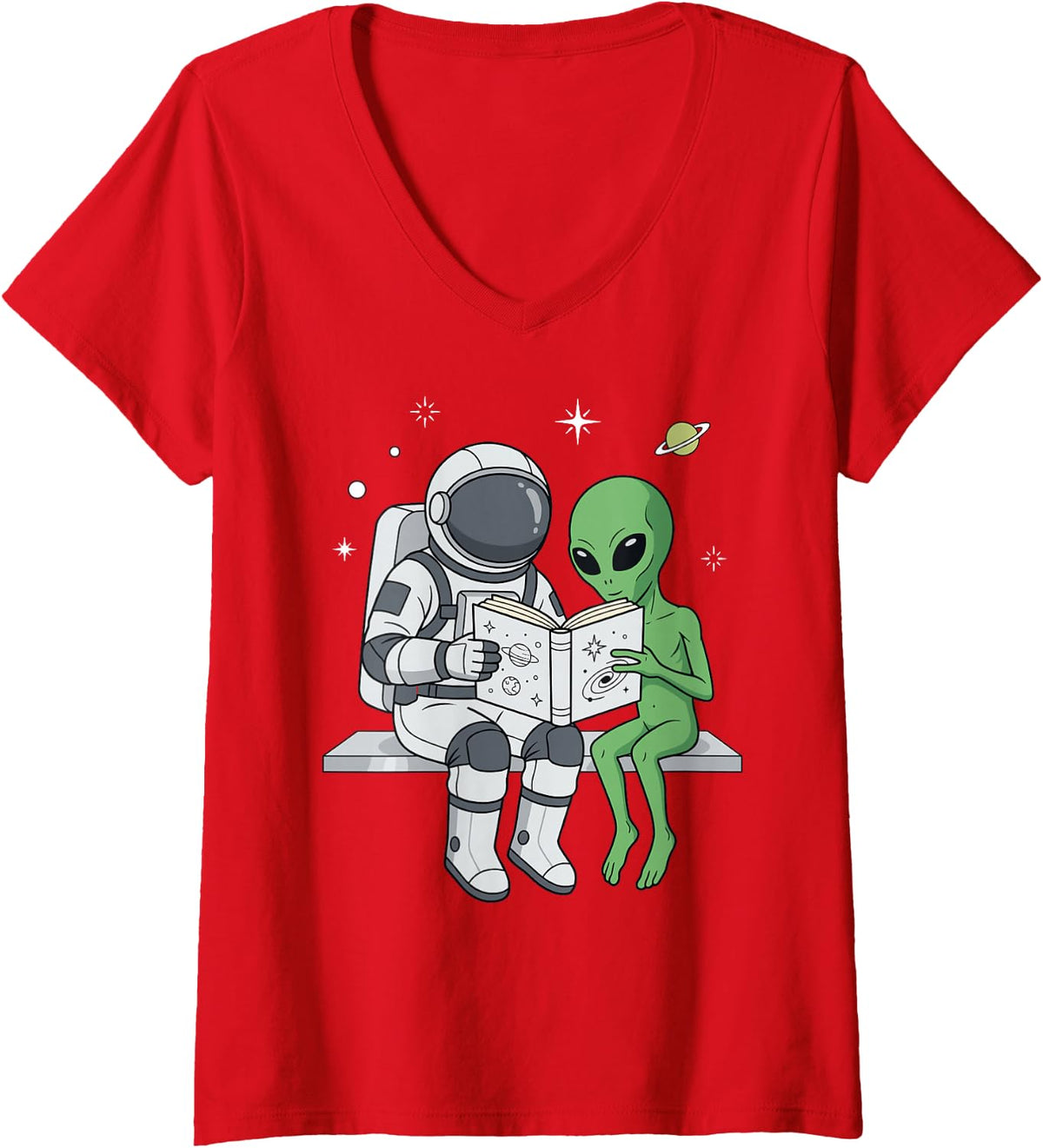 Women's Astronaut Alien Reading Book Space Astronomy Galaxy V-Neck T-Shirt - Red