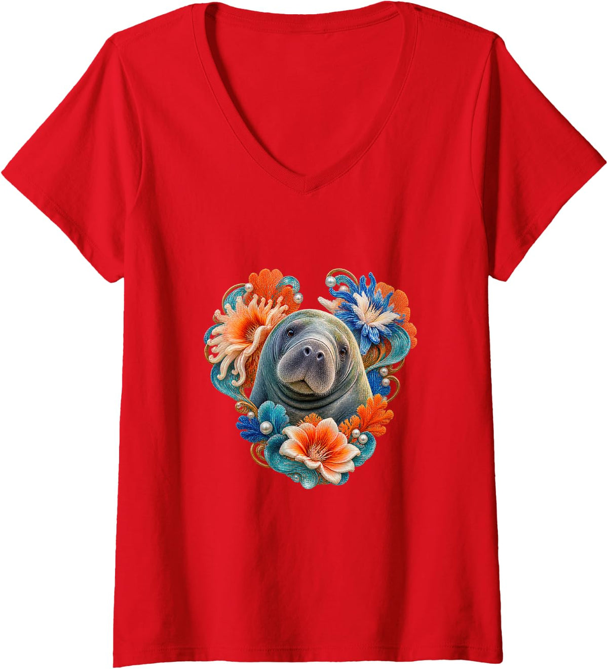 Women's Manatee with Coral Anemones and Turquoise Curling Frame V-Neck T-Shirt - Red