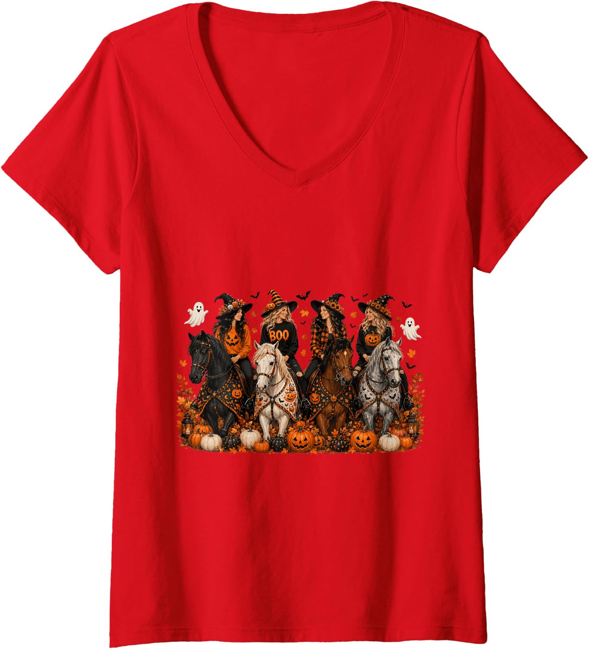 Women's Halloween Horse Riding Witch Cowgirl Autumn Equestrian Ghost V-Neck T-Shirt - Red