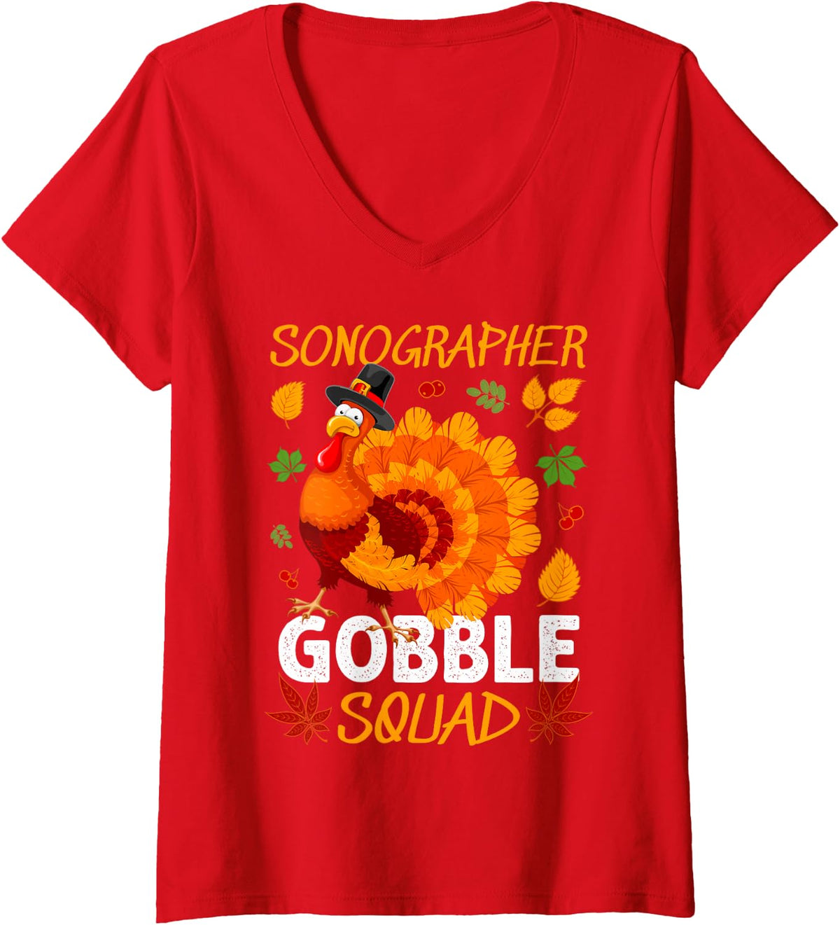 Women's Sonographer Gobble Squad Thanksgiving Turkey V-Neck T-Shirt - Red