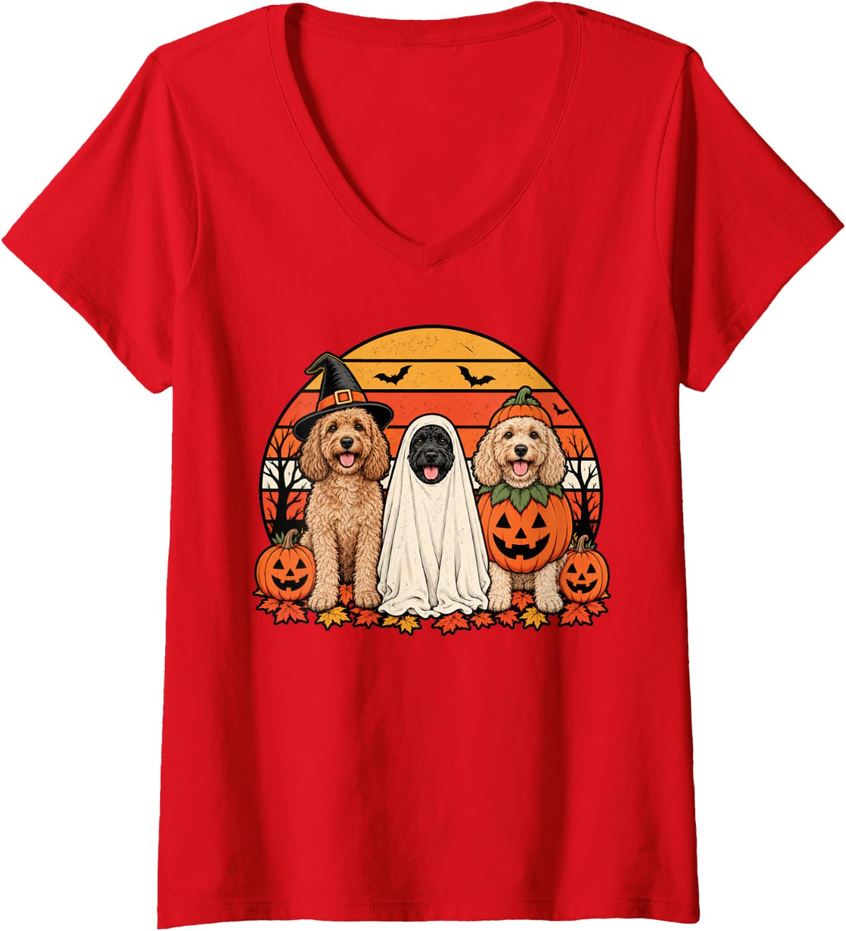 Women's Spooky Cockapoo Pumpkin Ghost Halloween Doodle Dog Lover V-Neck T-Shirt - Red