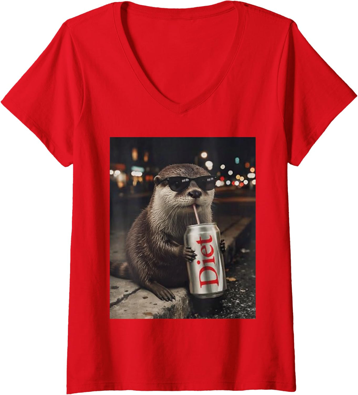Women's Cool Otter Drinking Diet Soda Funny Meme Animal Design V-Neck T-Shirt - Red