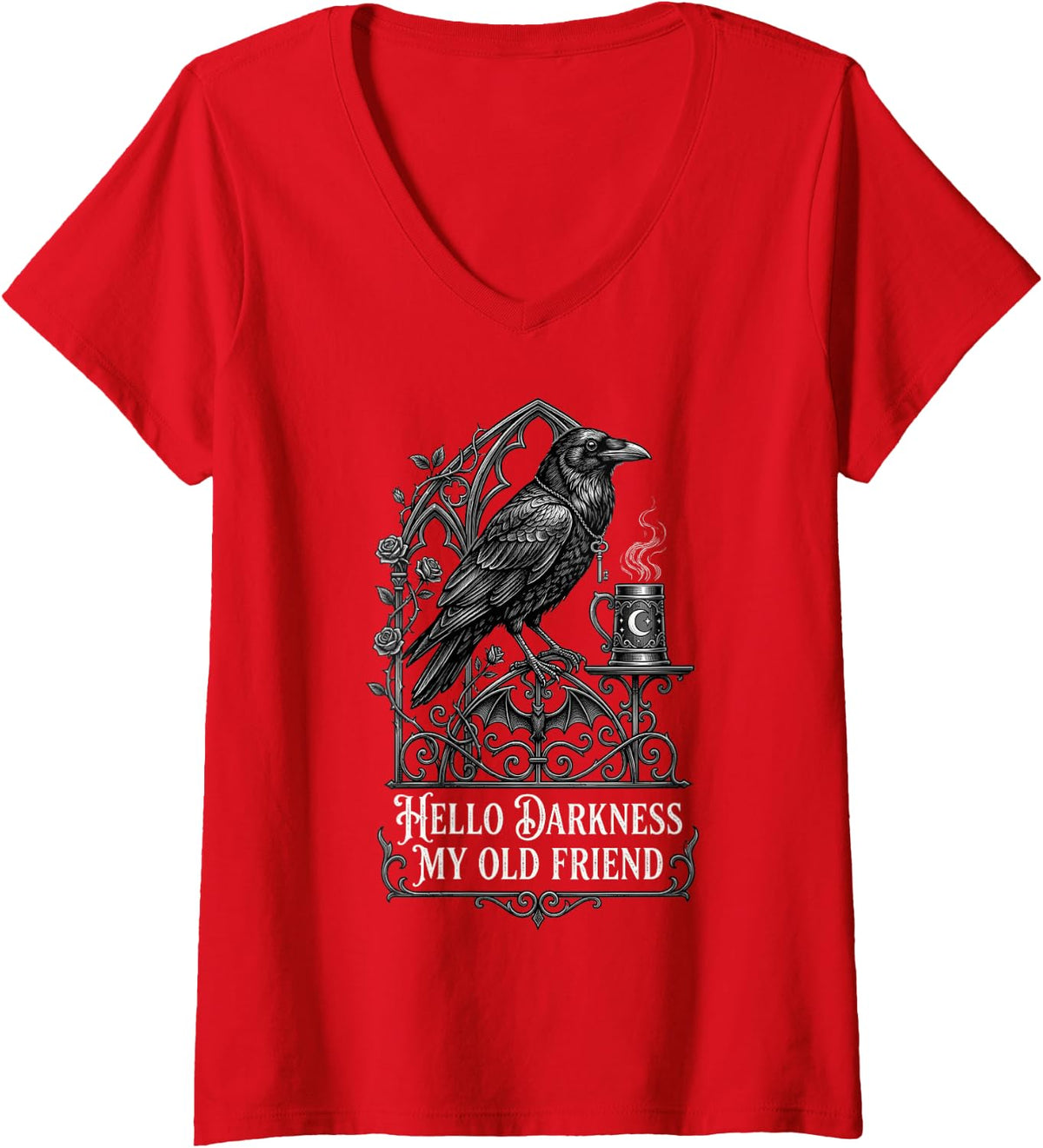 Women's Hello Darkness My Old Friend Gothic Raven Coffee Bat Etching V-Neck T-Shirt - Red