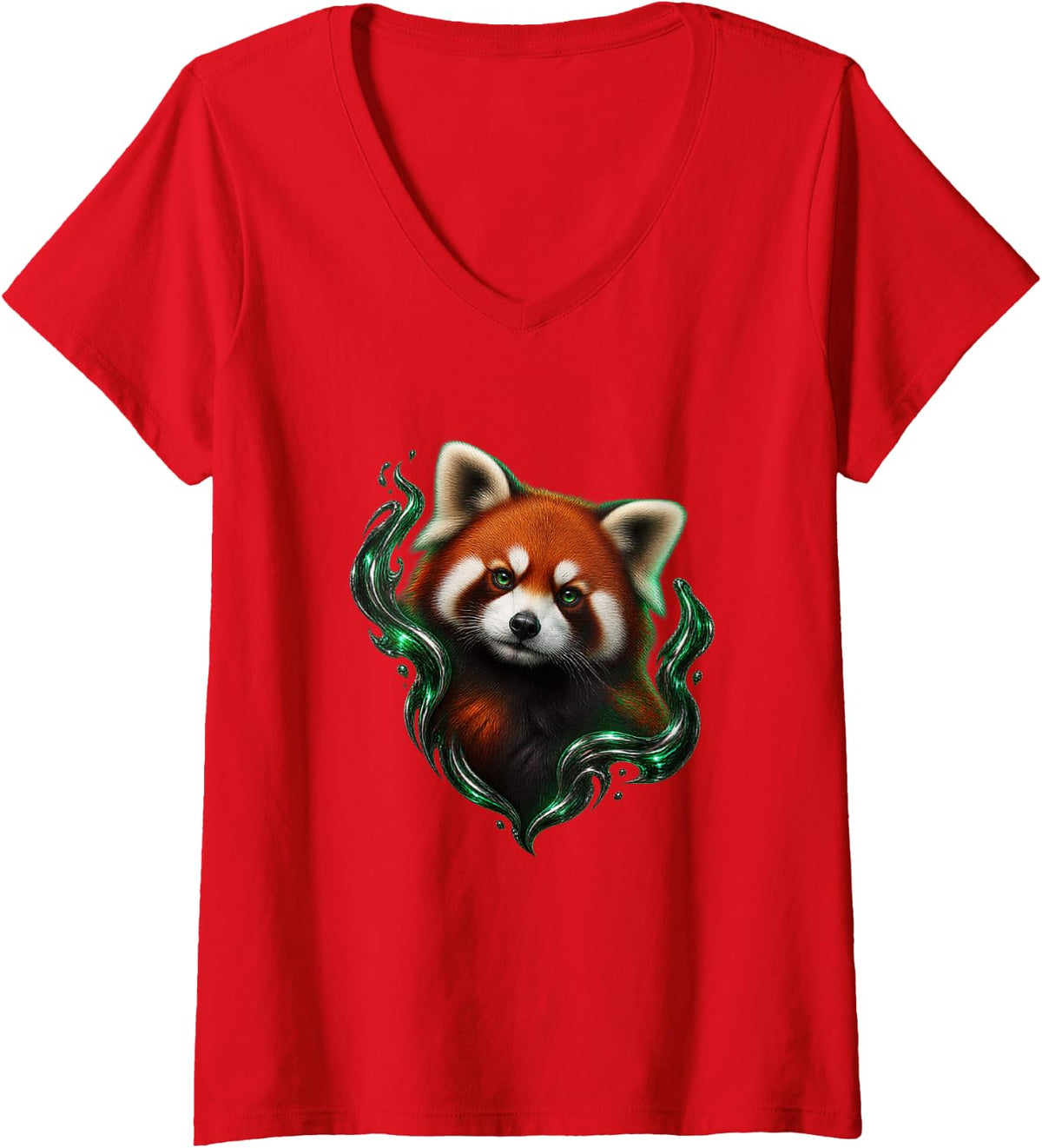Women's Red Panda with Emerald Liquid Metal Forest Art V-Neck T-Shirt - Red