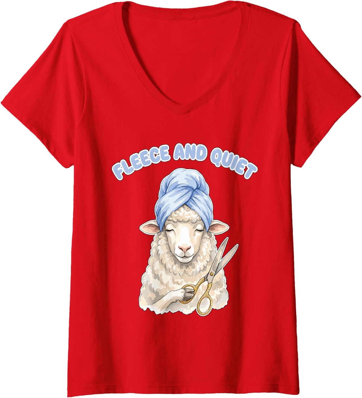 Women's Fleece and Quiet Grooming Sheep Spa Scissors Funny Pun V-Neck T-Shirt - Red