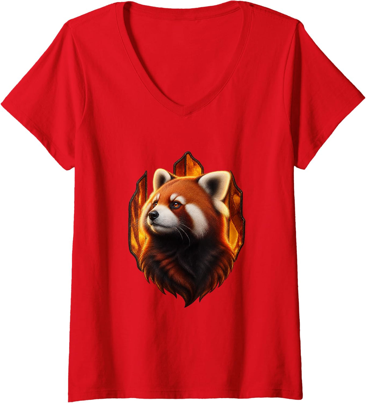 Women's Red Panda with Amber Cathedral Glass Forest Art V-Neck T-Shirt - Red